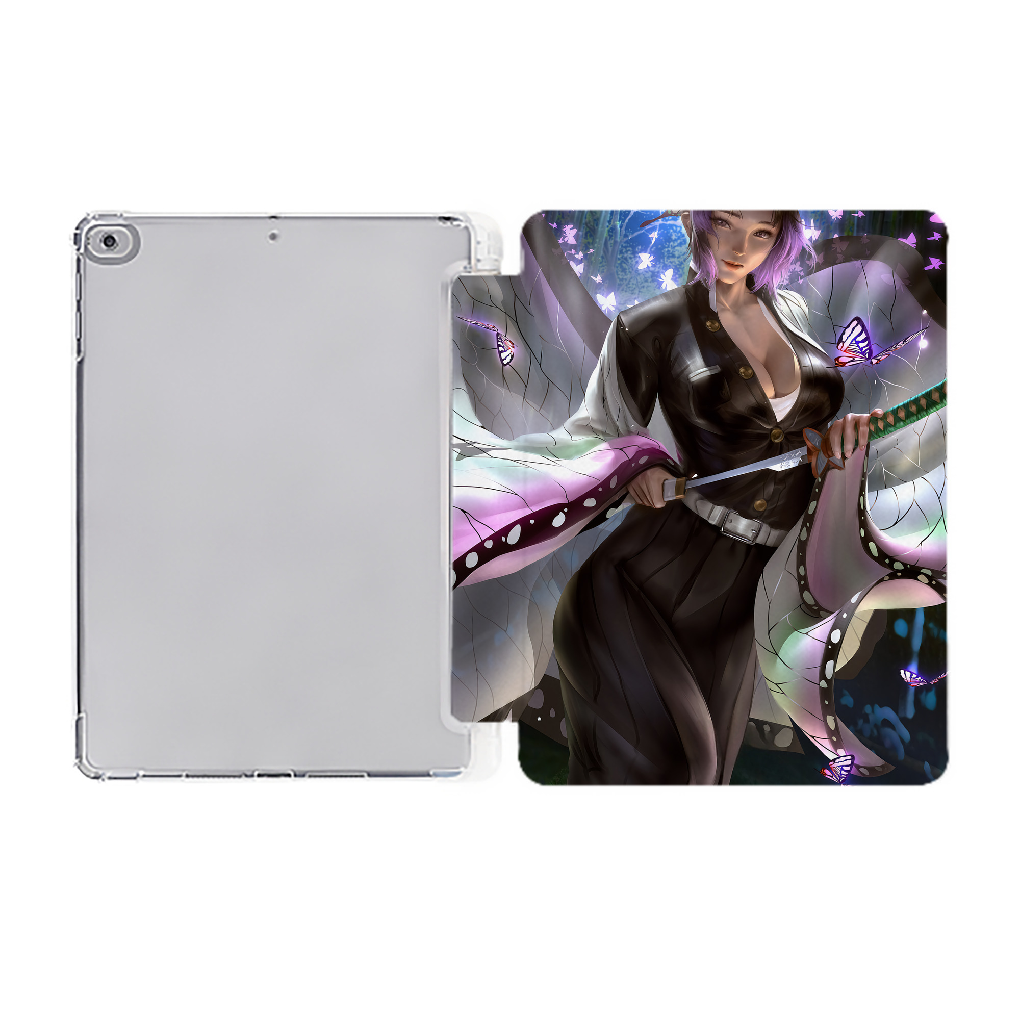 （画像用） 鬼滅の刃（きめつのやいば）蟲柱-胡蝶 しのぶ／こちょう しのぶ Kochou Shinobu IPad ケース ペン収納付き 三つ折りスタンド PUレザー×シリコン 対応機種9.5/10.5/10.9インチ